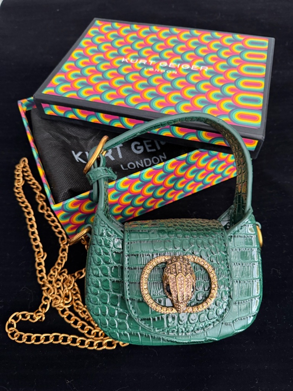 Kurt Geiger Green Croc-Embossed Micro Chelsea Hobo Top-Handle Gold Hardware